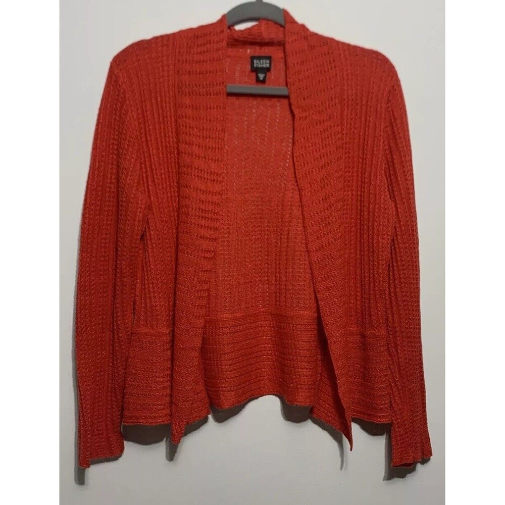 Eileen Fisher Open Front Long Sleeve Cardigan Sweater Sz M Linen Breathable Red